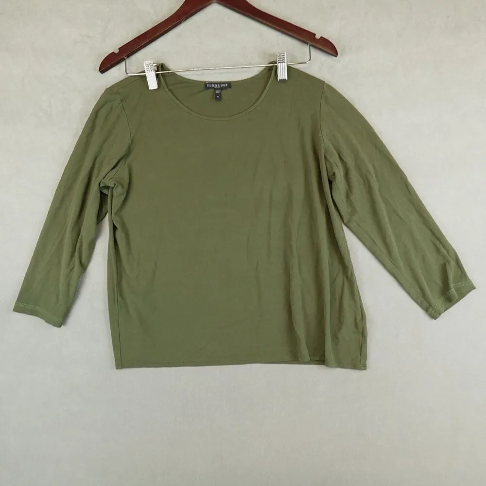 Eileen Fisher Shirt 100% Silk Jersey Long Sleeve Petite Large Tee Green Classic